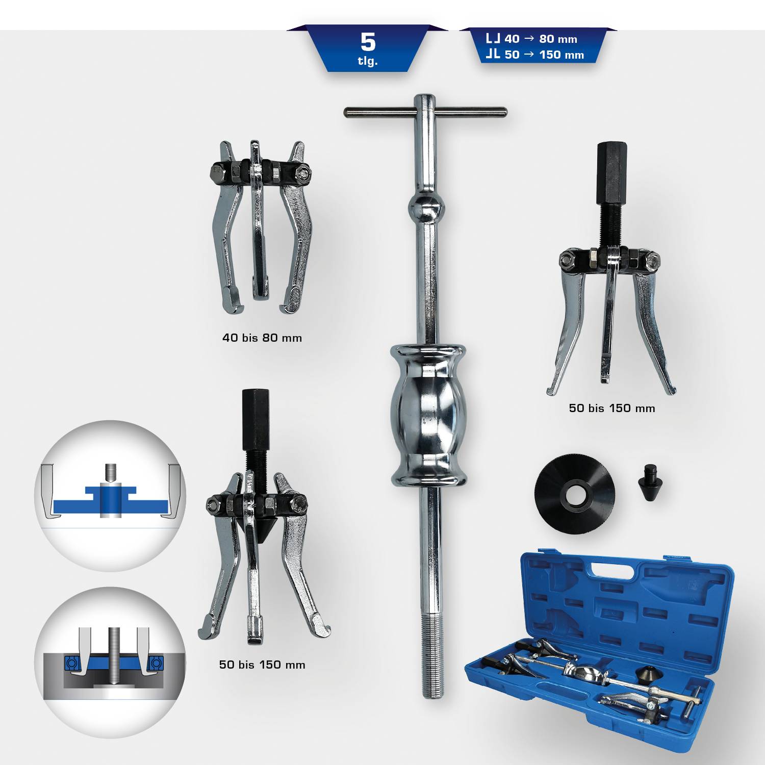 Coffret d'extracteurs à une seule pièce, 5 pièces : différentes tailles d'extracteurs et d'accessoires ; plages de 40-80 mm et 50-150 mm.