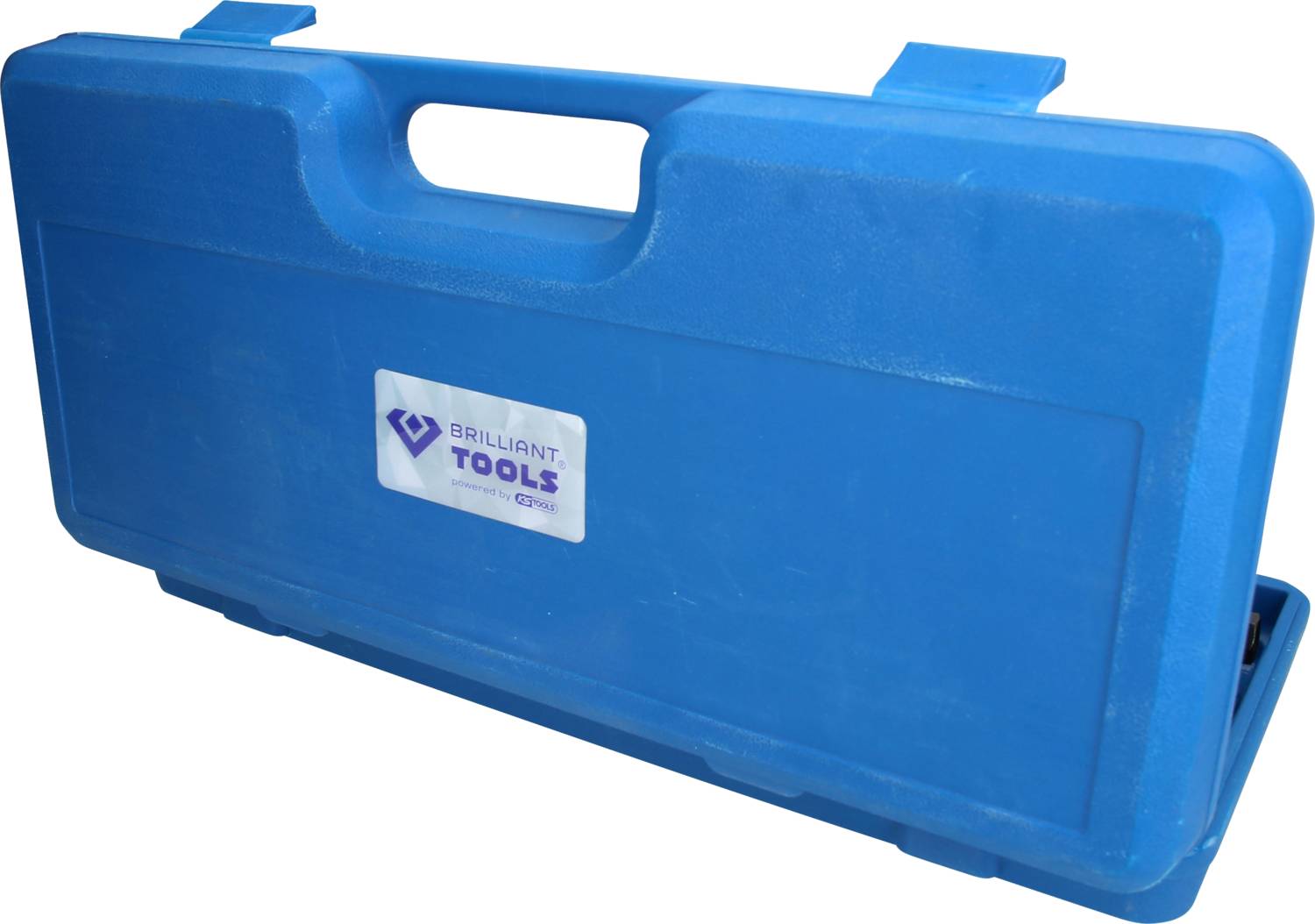 Boîte à outils bleue avec poignée de transport, logo "Brilliant Tools" sur l'avant.