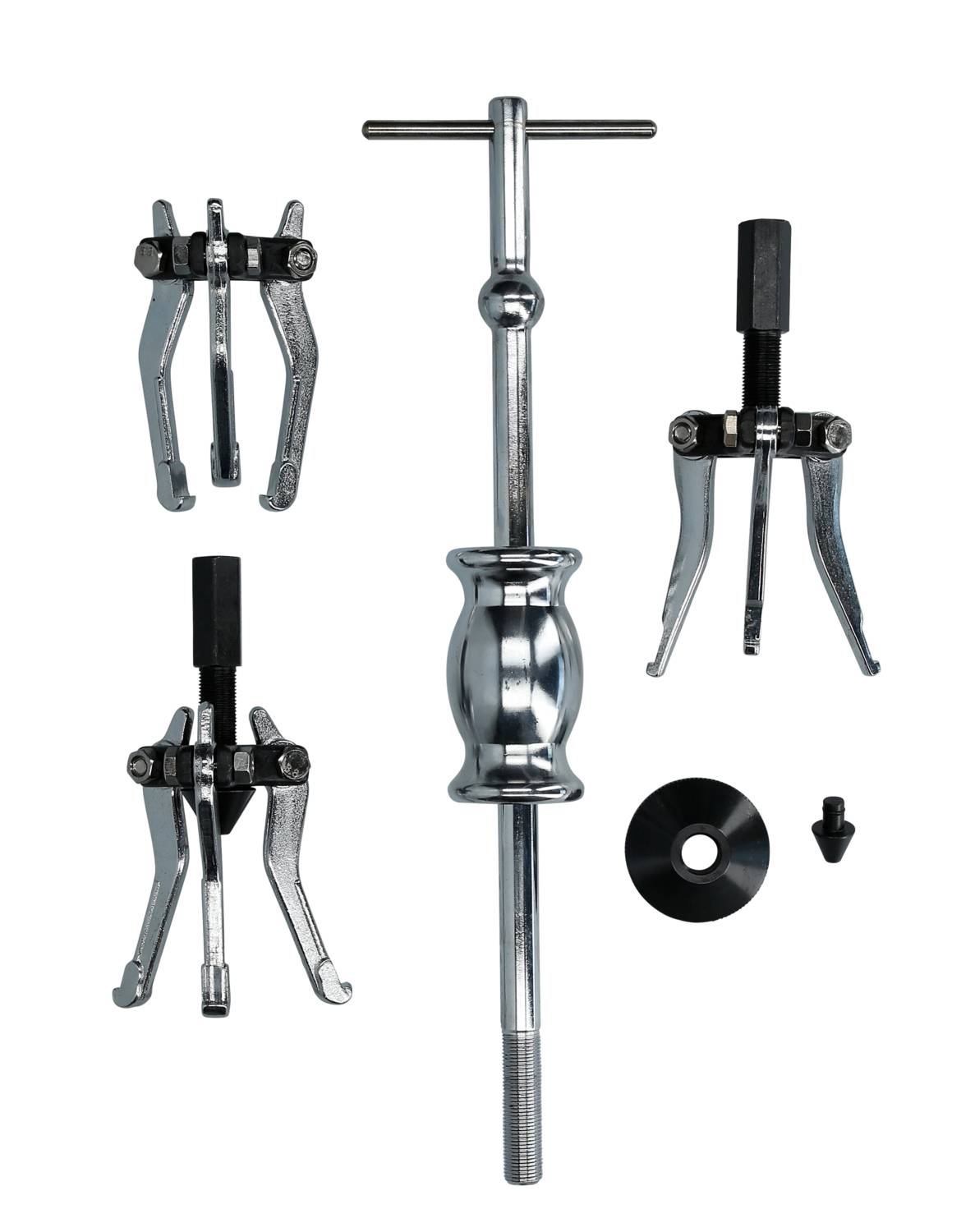 Extracteur de roulement avec marteau coulissant, composé de plusieurs pièces : Deux extracteurs, marteau coulissant et accessoires. Utilisé pour le démontage des roulements.