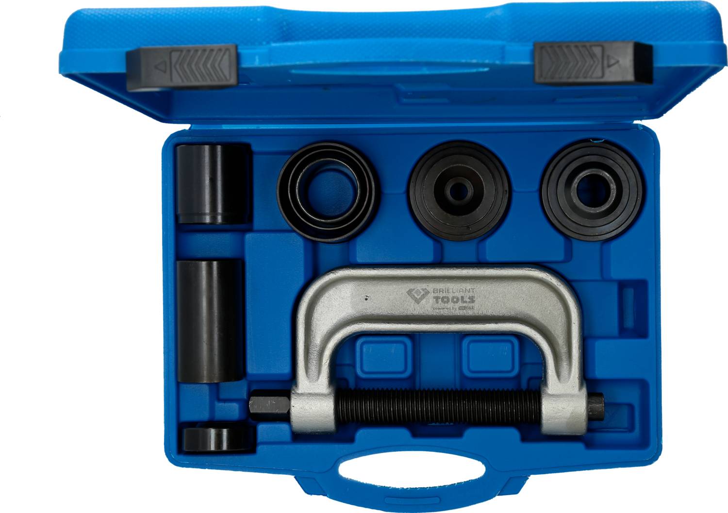 Un ensemble d'outils bleu comprenant un serre-joint en C et plusieurs accessoires, rangé dans un coffret en plastique parfaitement adapté.