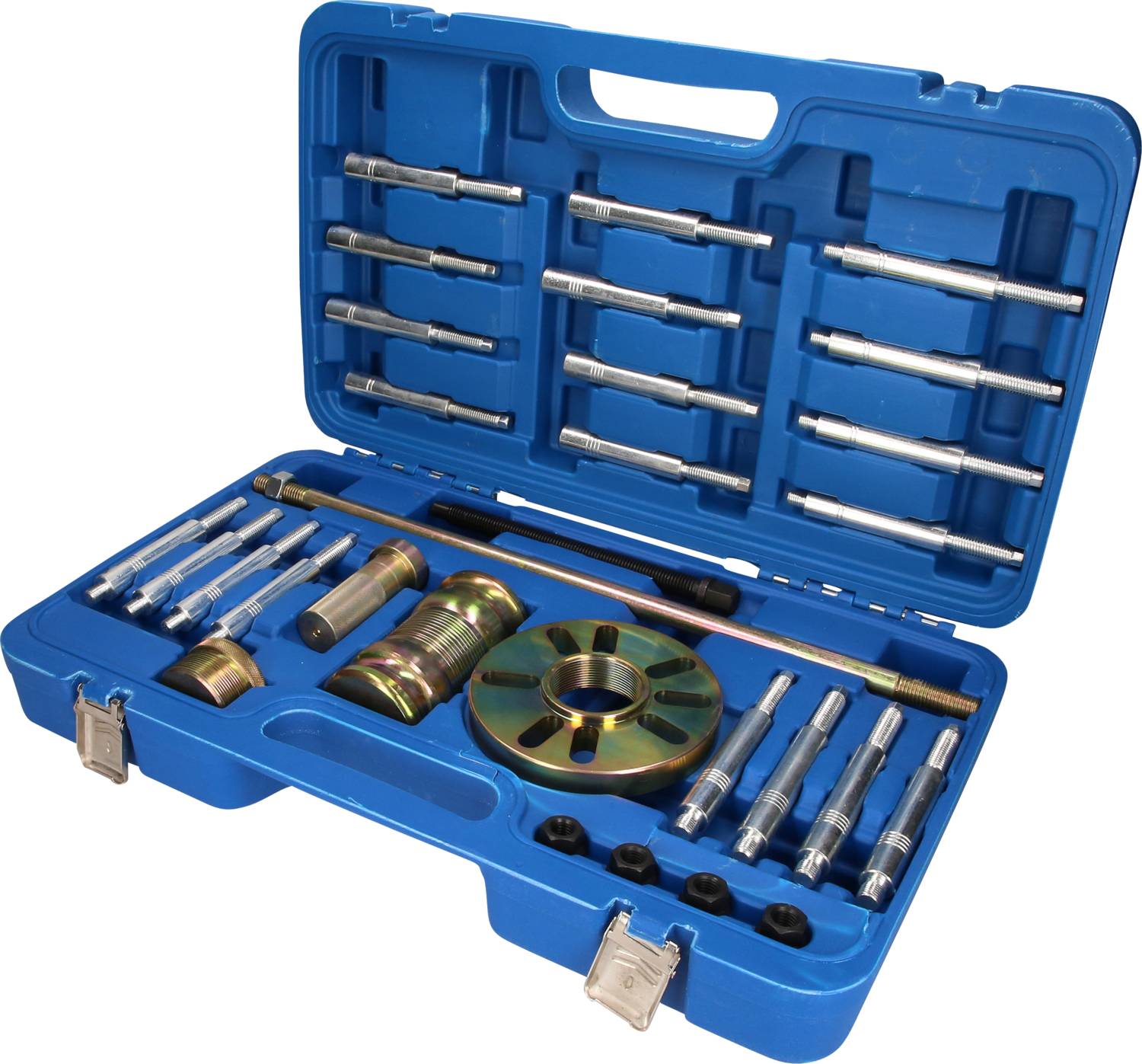 Coffret à outils bleu ouvert, contenant divers outils automobiles, dont un extracteur et des clés à molette.