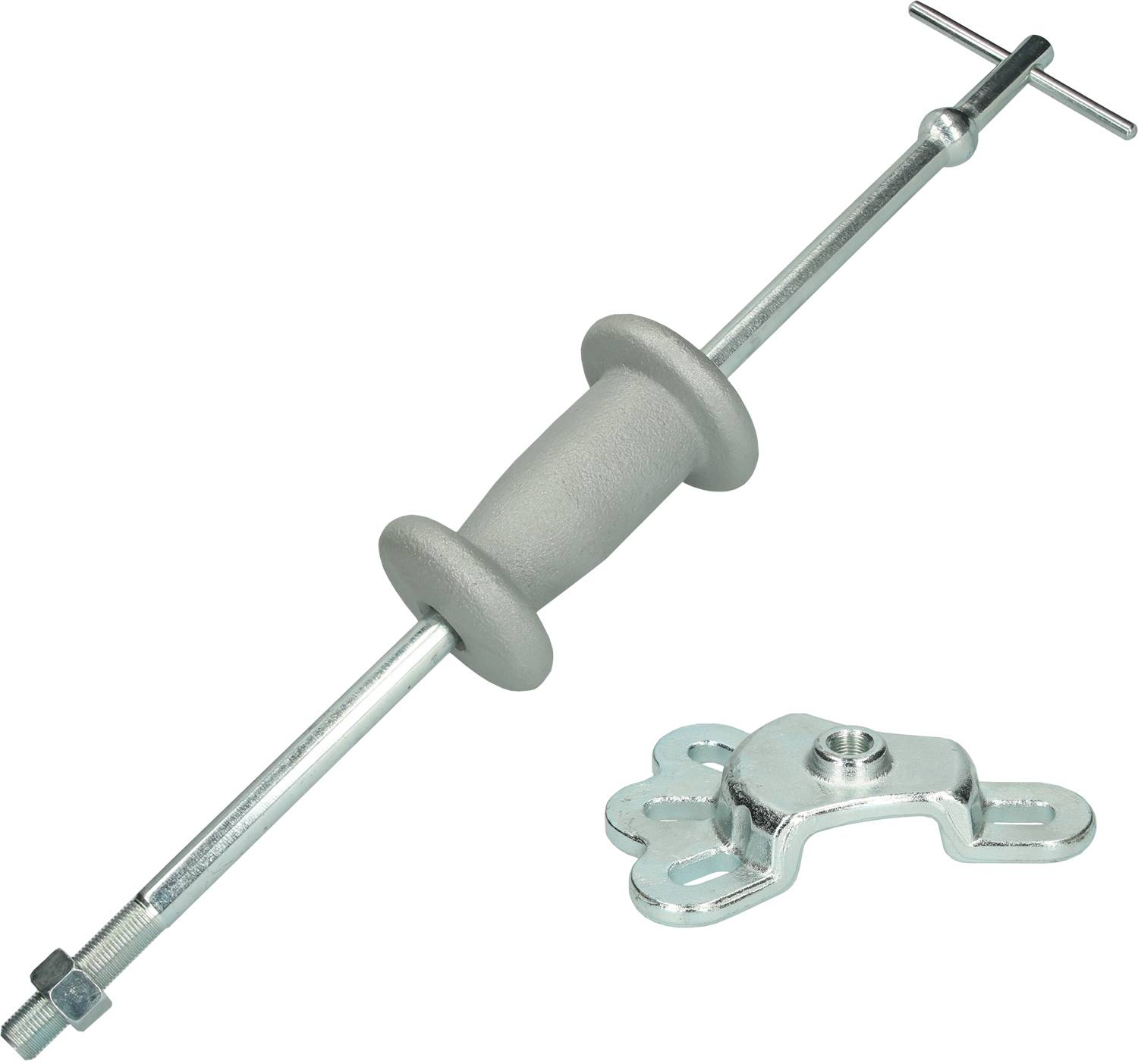 'Marteau à coulisse avec poignée et adaptateur, utilisé pour enlever les moyeux de roue ou les roulements lors de travaux de réparation automobile.'