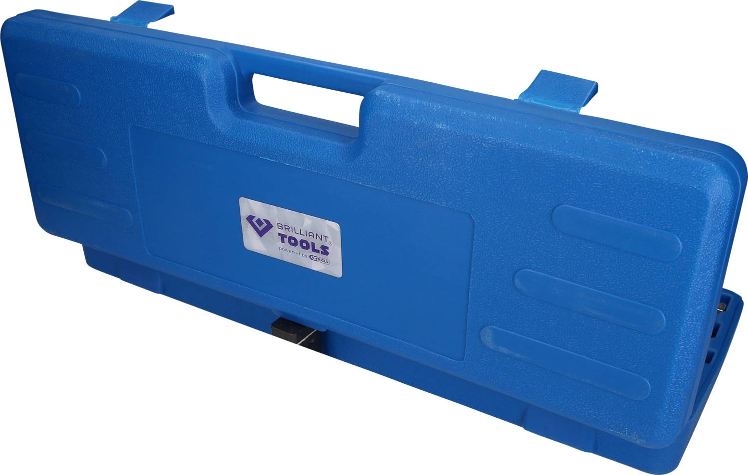 Coffret à outils bleu avec poignée de transport et étiquette de la marque 'Brilliant Tools'. Adapté au rangement des outils.