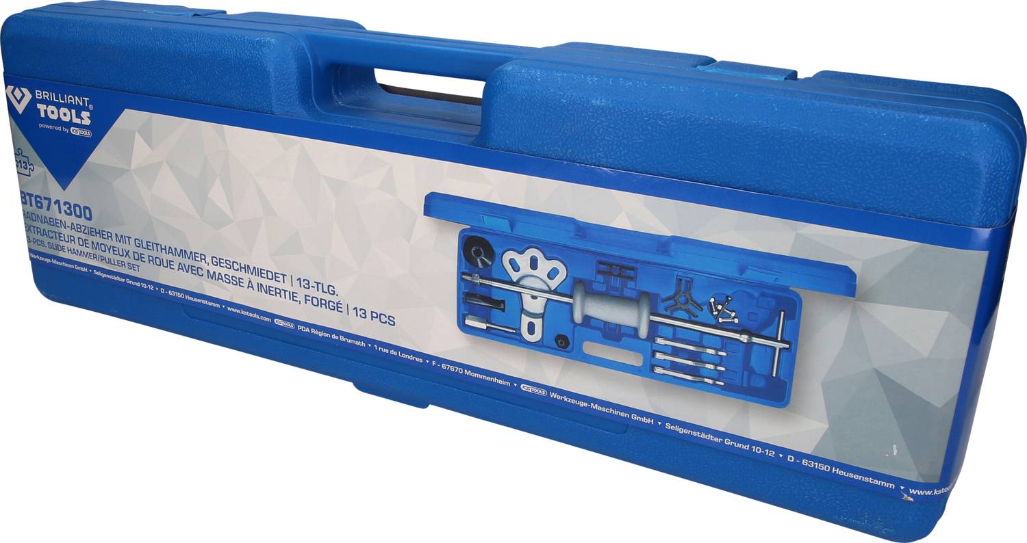 Coffret à outils bleu portant l'inscription 'Ensemble de marteaux de précision 13 pièces', montrant divers outils métalliques et accessoires à l'intérieur.