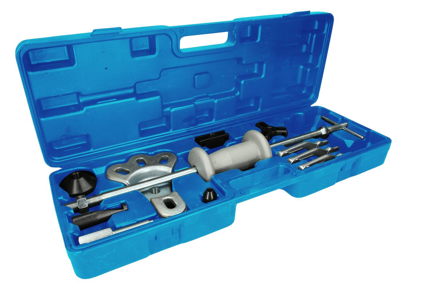 Une valise bleue ouverte contenant un coffret d'outils de réparation automobile, comprenant divers outils spécialisés pour effectuer des réparations.