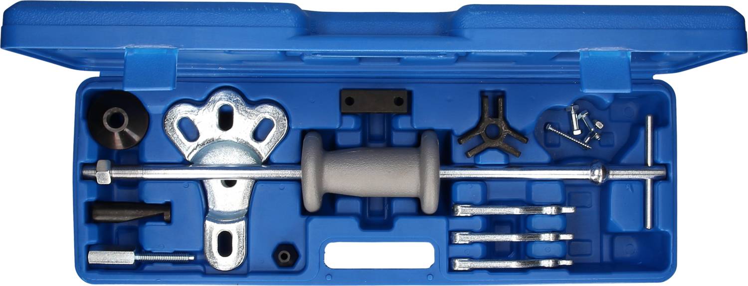 Boîte à outils bleue contenant divers outils, dont un marteau coulissant et différentes embases, destinée à la réparation automobile.