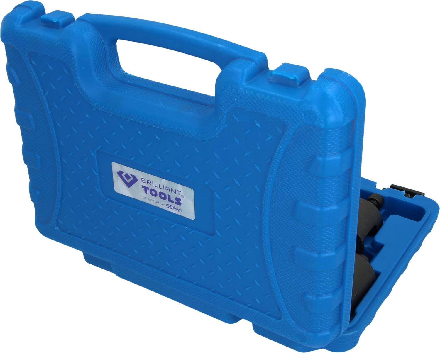 Mallette à outils bleue avec poignée et logo, partiellement ouverte.