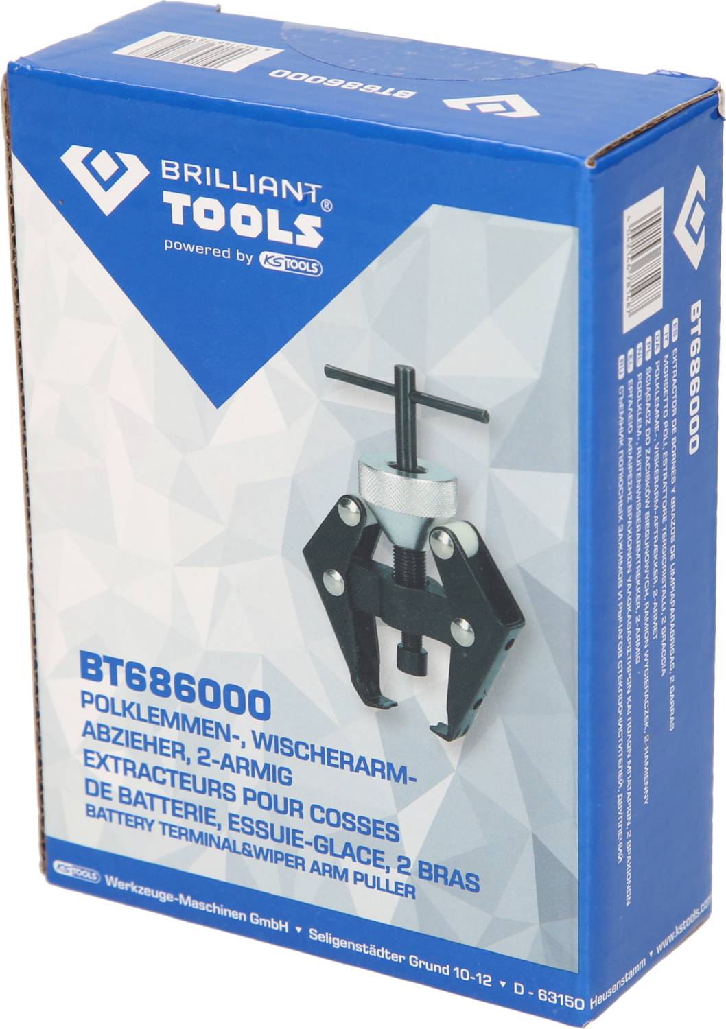 Emballage 'Brilliant Tools' comprenant un extracteur à deux bras pour bornes de batterie et bras d'essuie-glace, modèle BT686000.