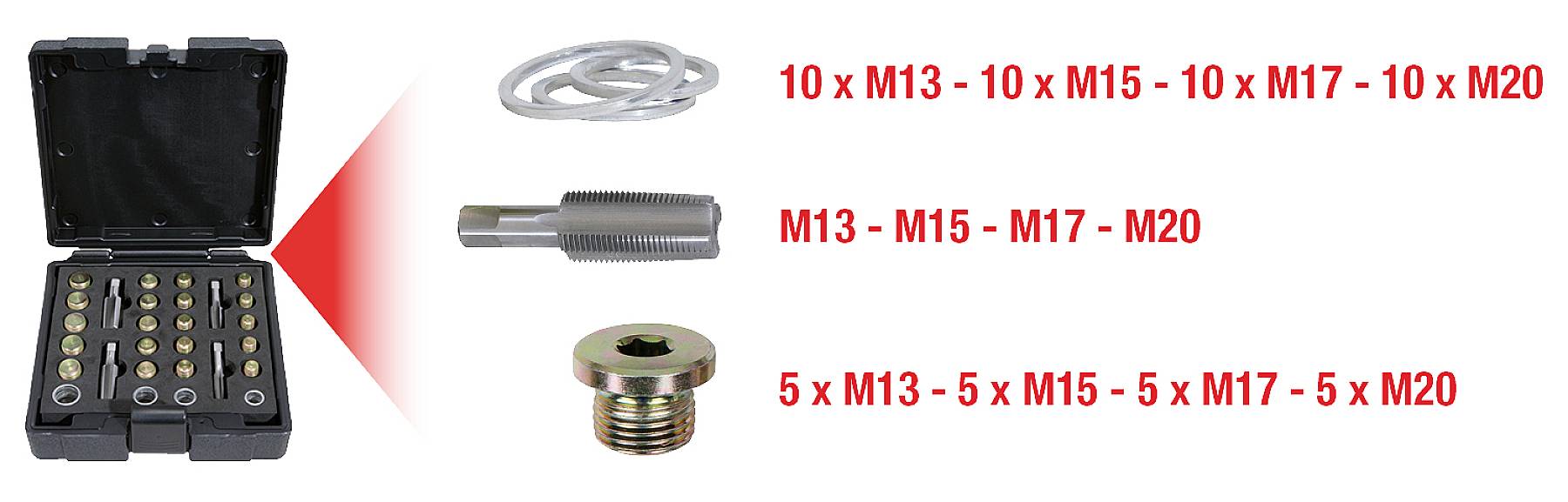 Ensemble de vis et accessoires de différentes tailles : 10 x M13, 10 x M15, 10 x M17, 10 x M20, triés dans un coffret noir.