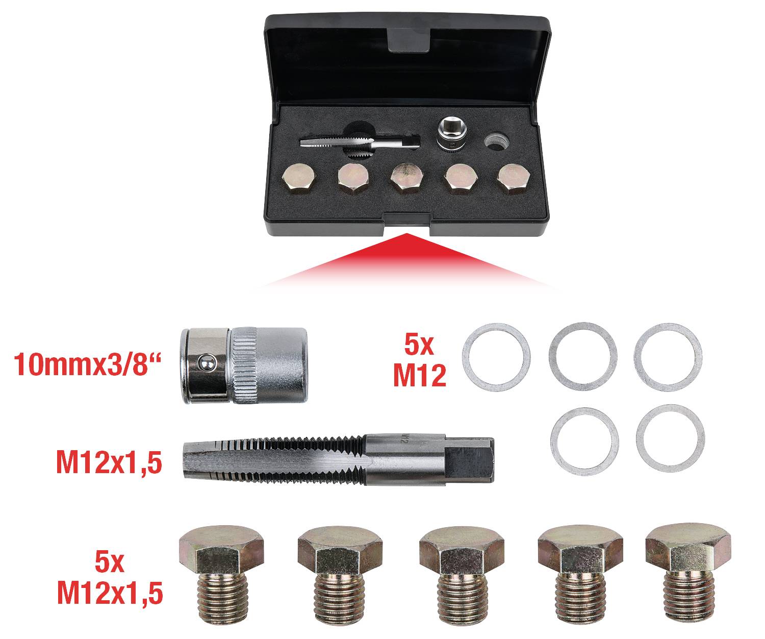 'Jeu de tournevis et accessoires dans un boîtier noir. Comprend : adaptateur 10 mm x 3/8", douilles M12 et M12x1,5.'