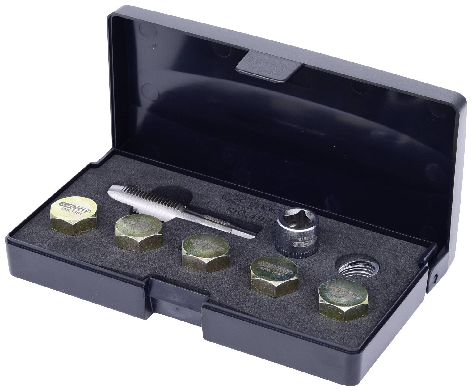 'Coffret avec tournevis et écrous hexagonaux dans un étui noir.'