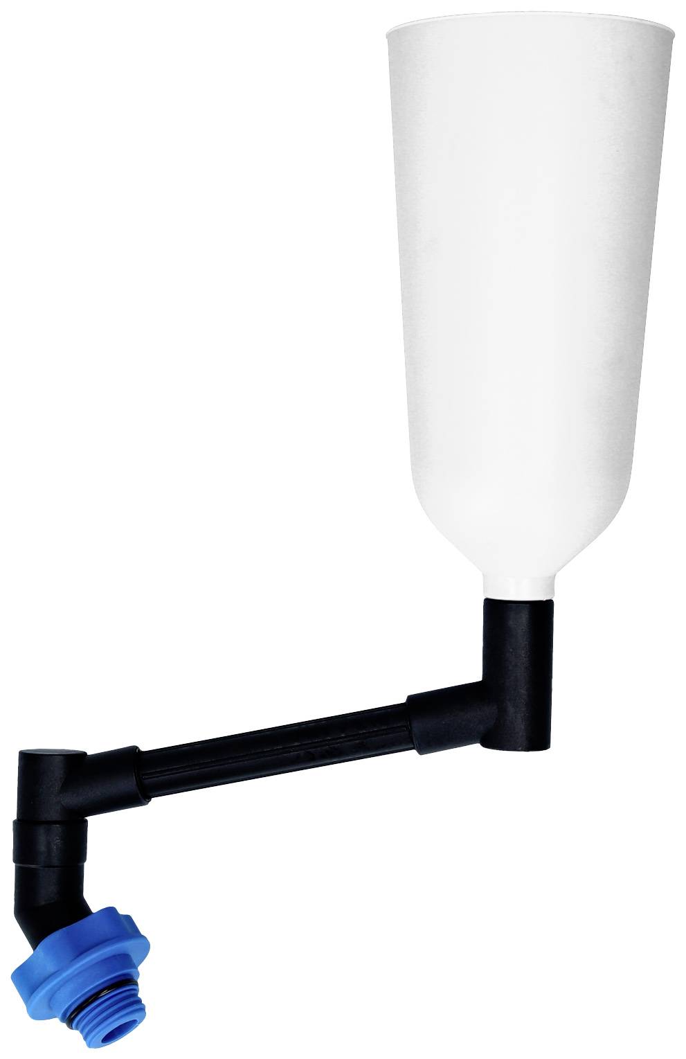 Un entonnoir de remplissage blanc avec un raccord de vanne bleu et un bras noir, utilisé pour le remplissage automatique de contenants.