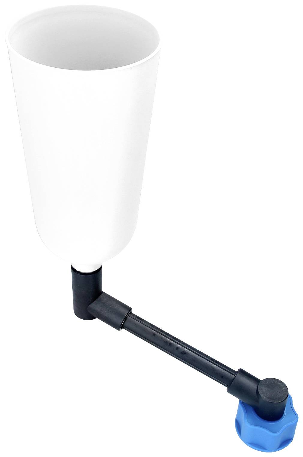 Un entonnoir en plastique avec un tuyau de connexion noir et un bouchon bleu, probablement conçu pour faciliter le montage et le transfert de liquides.