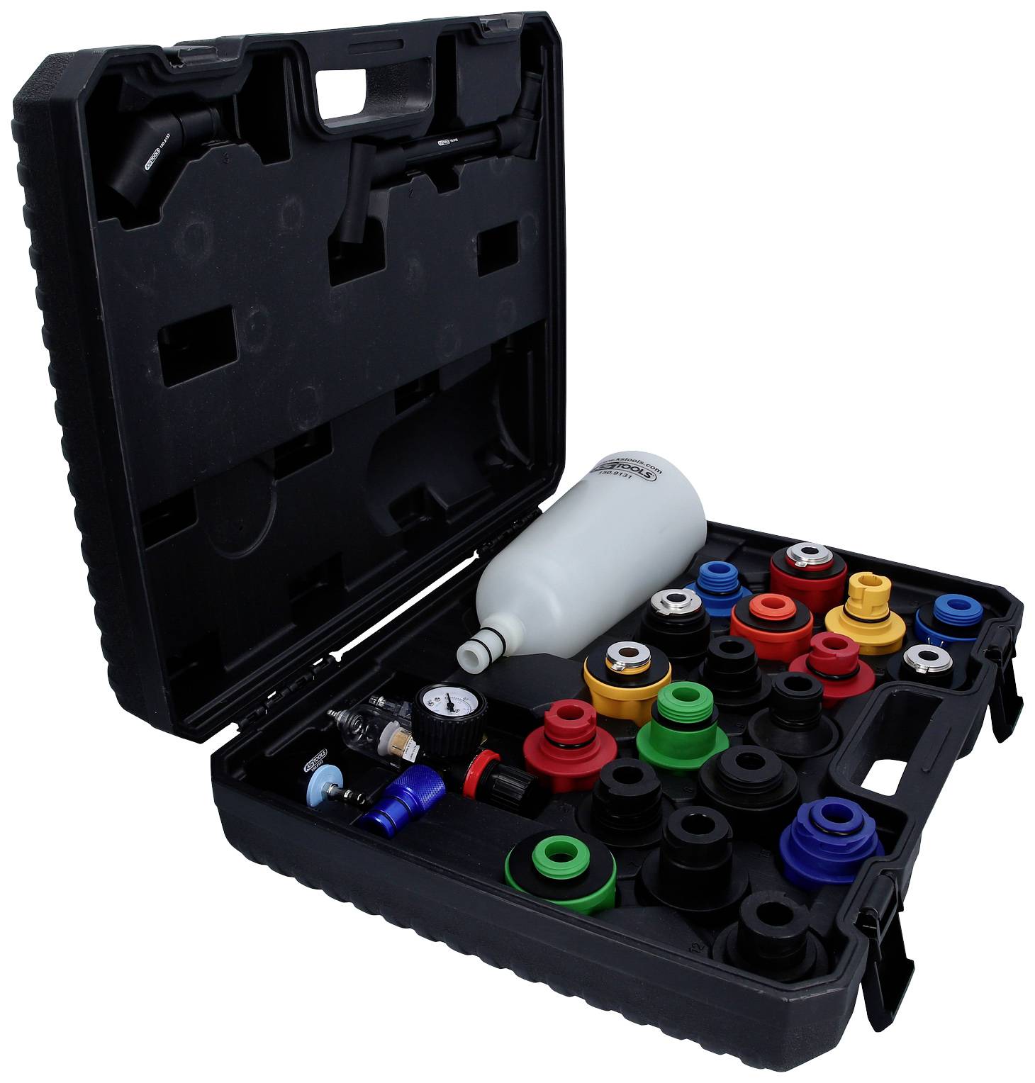 Une boîte à outils noire ouverte contenant différents embouts colorés de forme ronde et une bouteille en plastique blanc.