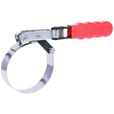 Un démonte-filtre à huile avec une poignée en plastique rouge et une bande métallique utilisée pour desserrer les filtres à vis.