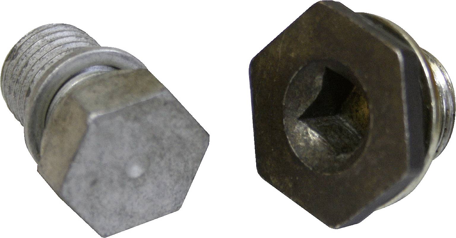 Deux vis hexagonales en métal, l'une debout et l'autre couchée, avec un filetage intérieur.