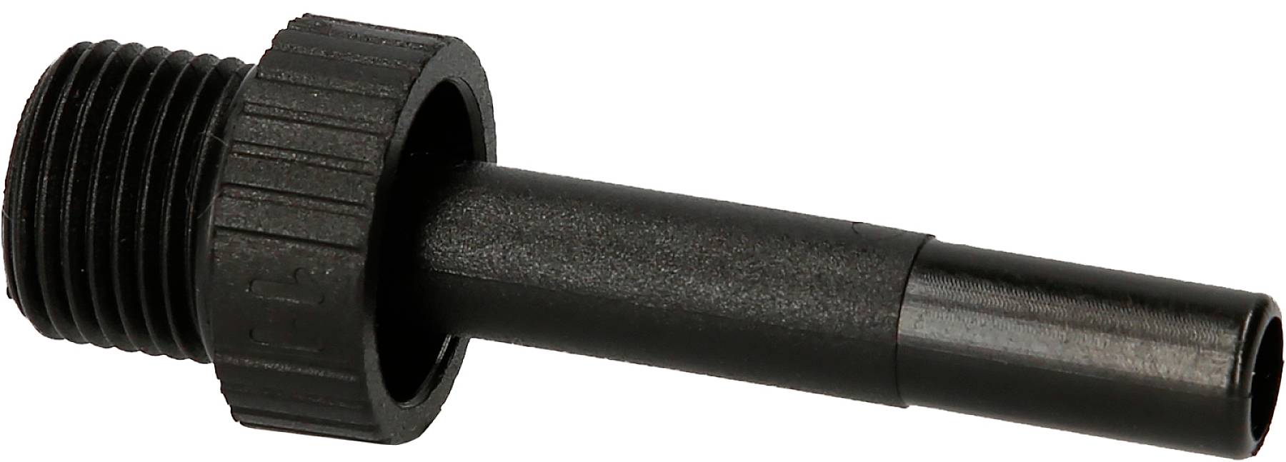 Adaptateur en plastique noir avec filetage externe et embout long et lisse. Utilisé pour les raccordements de tuyaux ou de tubes.