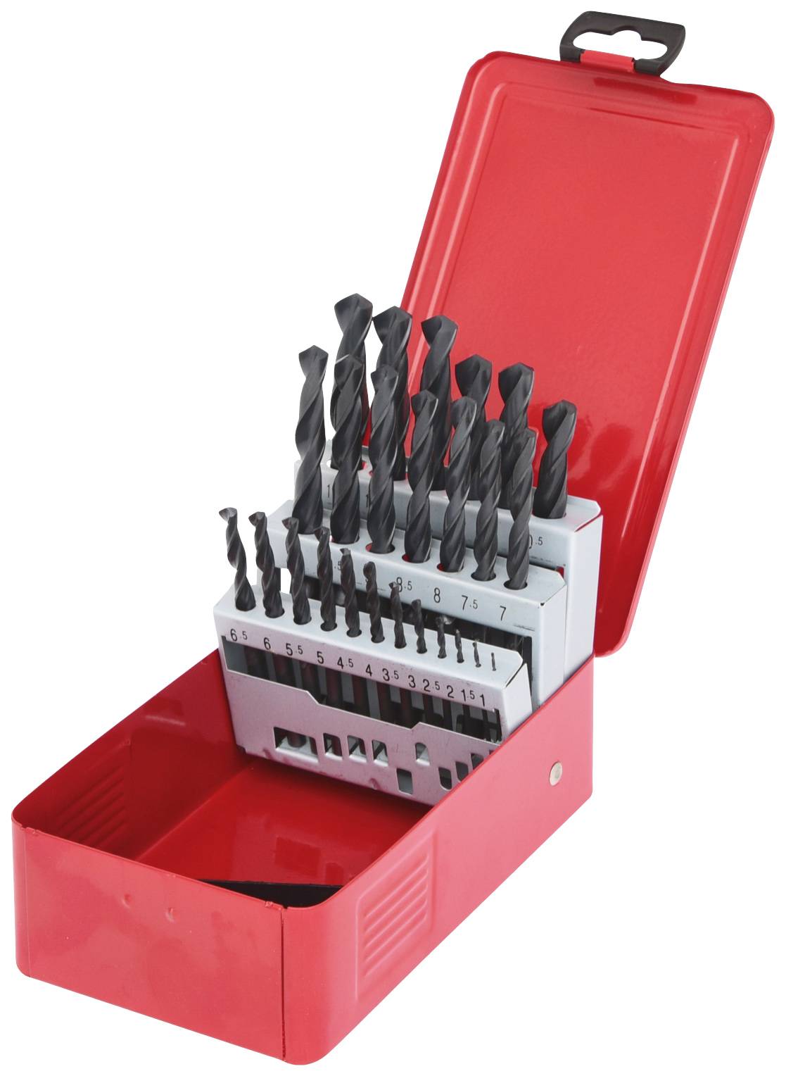 Une boîte métallique rouge contenant onze forets métalliques noirs, rangés par taille. Chaque taille de foret est marquée sur le support.