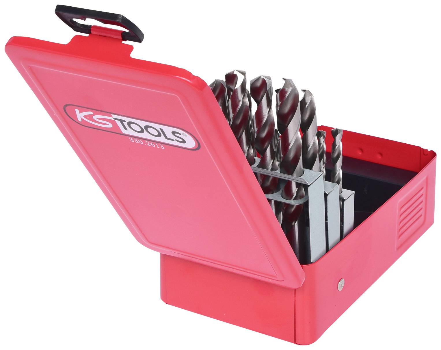 Boîte à outils rouge ouverte contenant plusieurs forets métalliques de différentes tailles, soigneusement rangés en rangées.