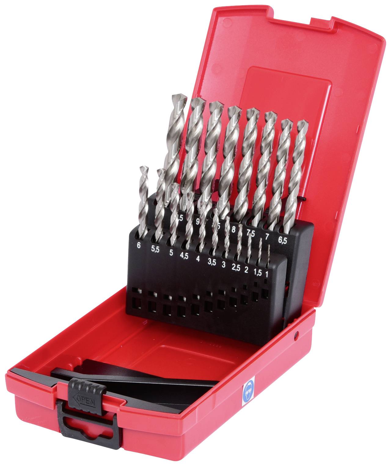 Un ensemble de forets rouges avec différents forets de tailles variées dans un coffret ouvert.