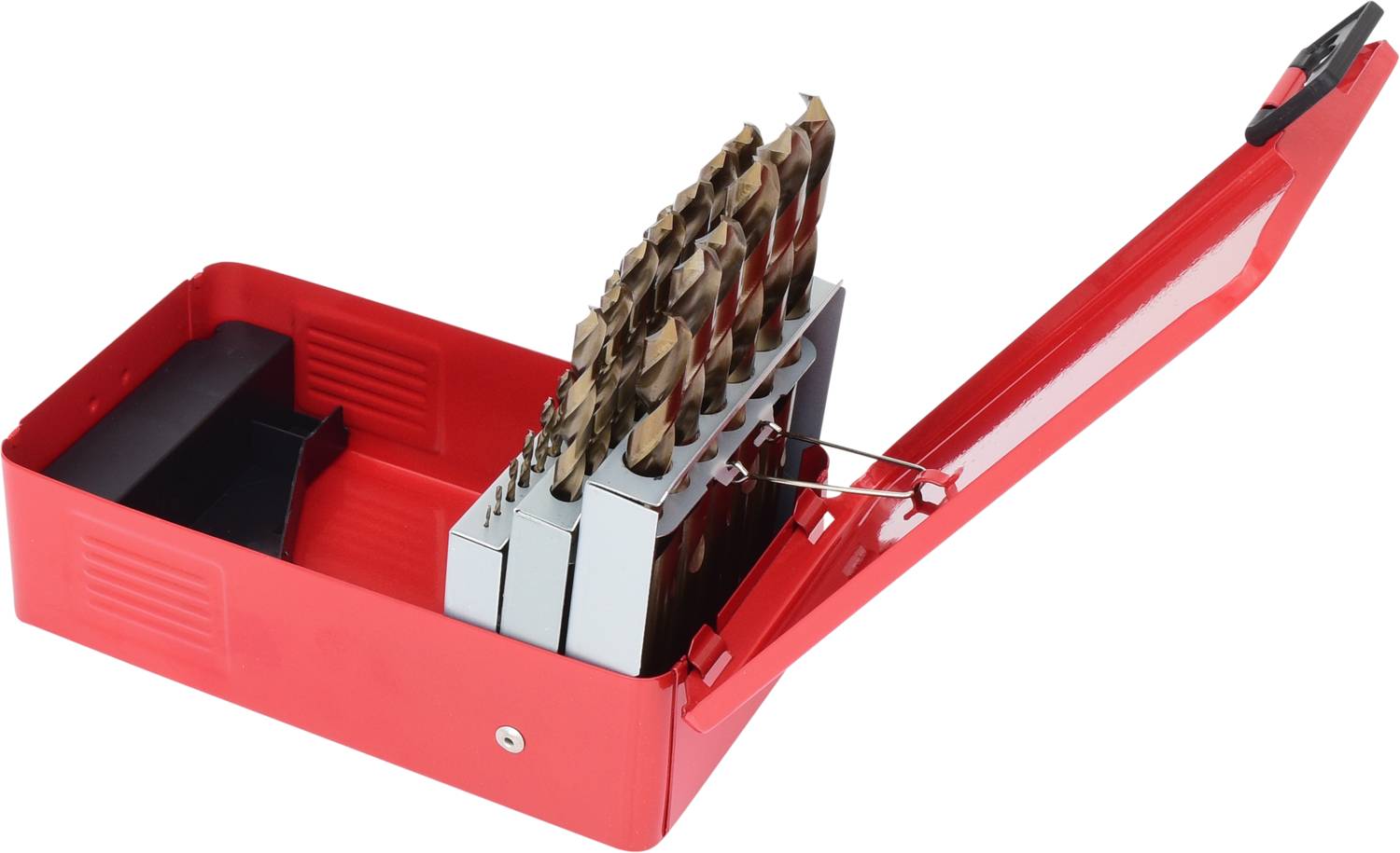 Ensemble de forets en métal dans un boîtier rouge avec couvercle ouvert. Les forets sont disposés en rangées, présentés dans un ordre croissant de taille de l'avant vers l'arrière.