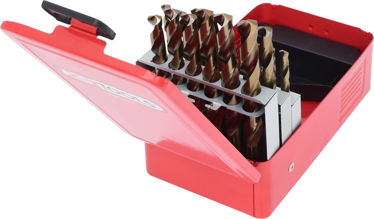 Une boîte rouge ouverte contenant différentes mèches en métal de tailles croissantes, prêtes à être utilisées ou rangées.