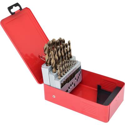 Une boîte métallique rouge ouverte contenant un jeu complet de forets hélicoïdaux de différentes tailles, soigneusement rangés.