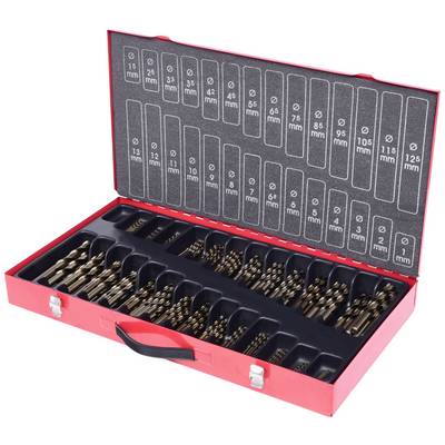 'Coffret de forets dans un étui rouge, rangés par tailles de 1 mm à 13 mm dans des compartiments numérotés. Outil pour un perçage précis.'