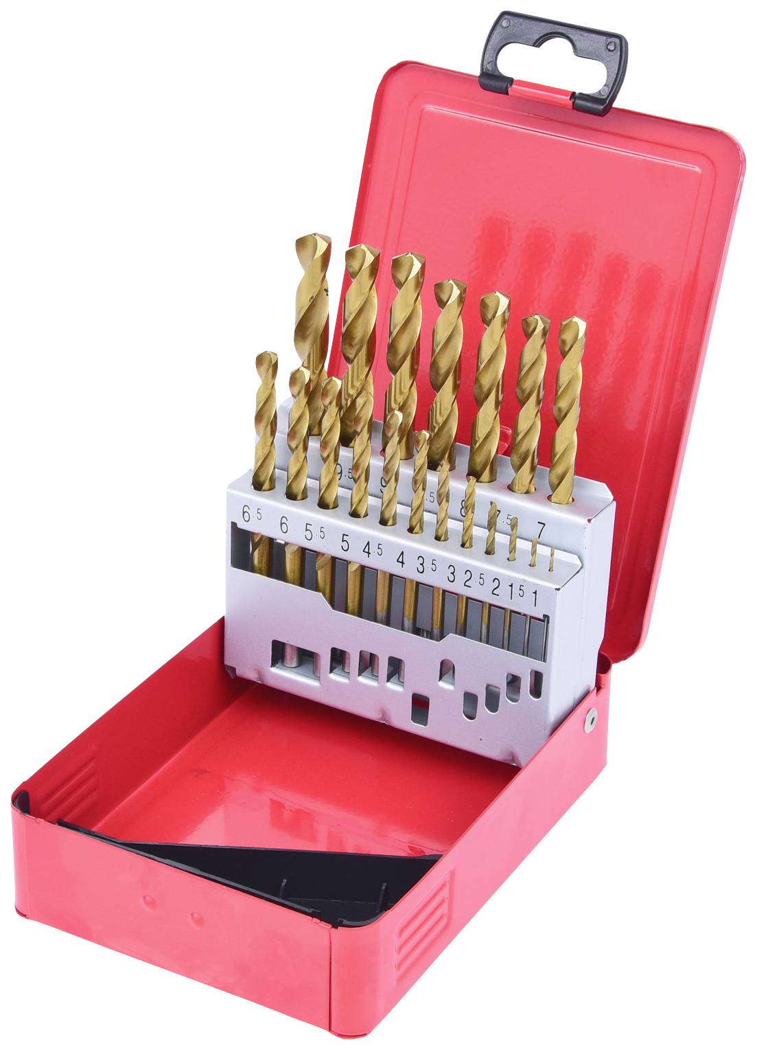 Ensemble de forets dans un coffret métallique rouge ouvert. Différentes tailles de forets sont soigneusement disposées et numérotées.