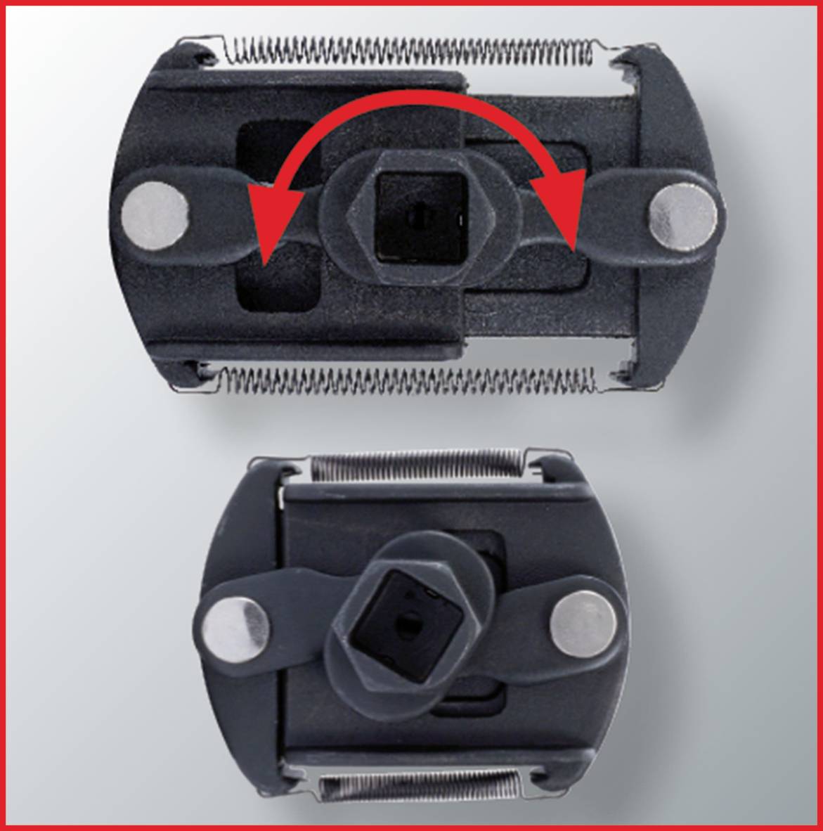 Deux têtes de coupe noires et électriques superposées. La tête supérieure indique une rotation avec une flèche rouge, la tête inférieure étant en position horizontale.