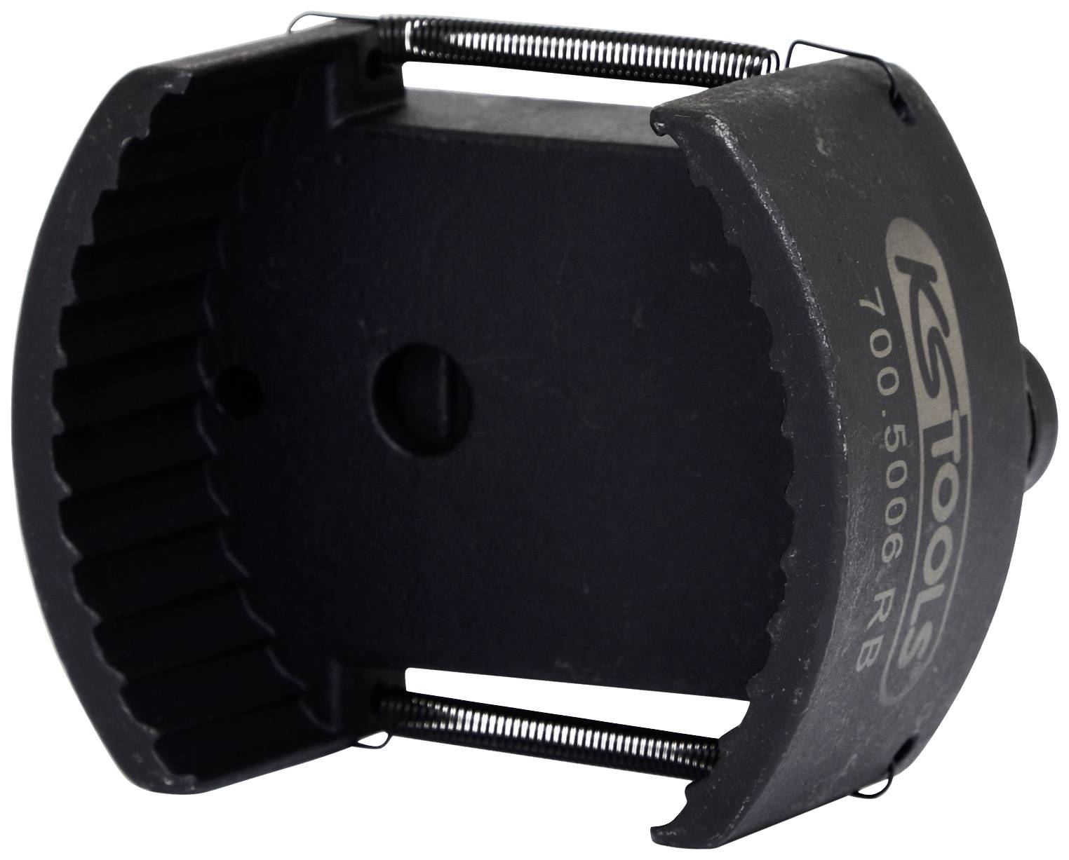 Un outil noir à poignée incurvée et dentelée, portant l'inscription 'KS Tools 700.5006 RB'. Utilisé pour la rotation ou la fixation.