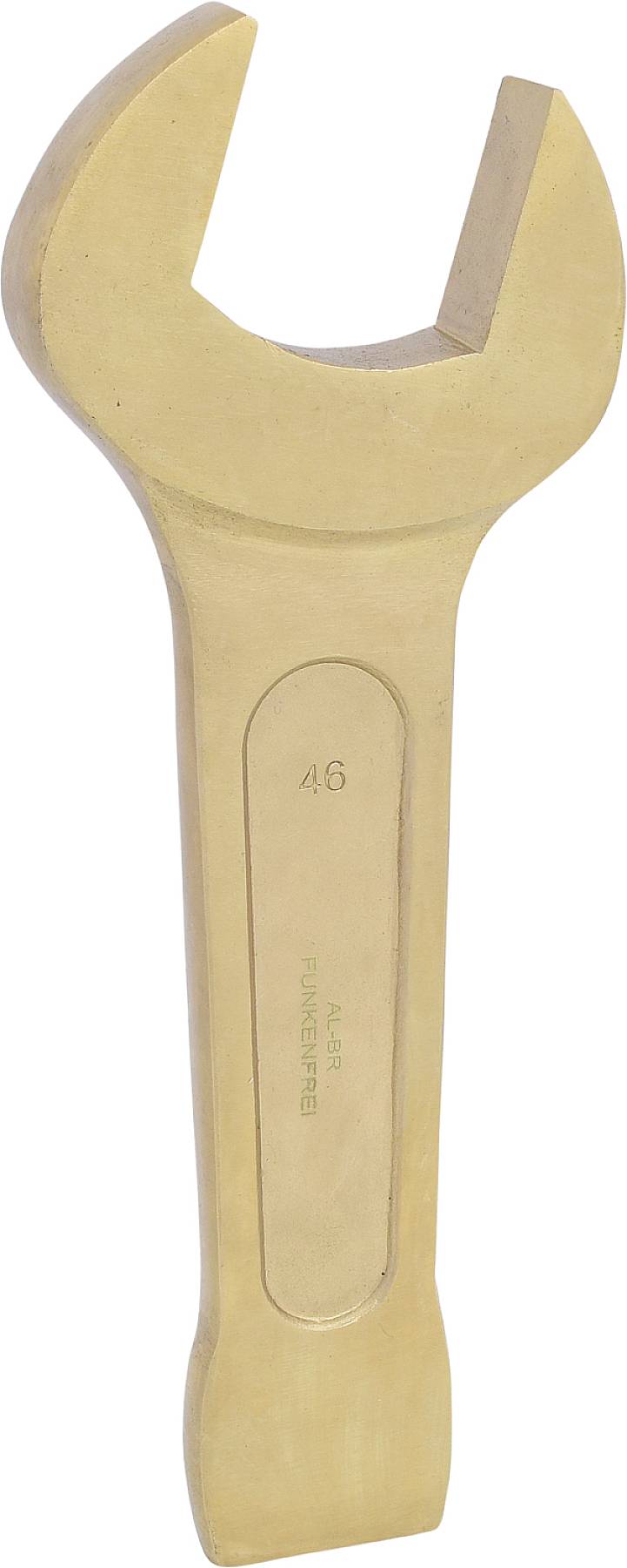 Une grande clé à fourche en métal de couleur or, portant le chiffre '46' imprimé au centre. Outil destiné aux réparations techniques.