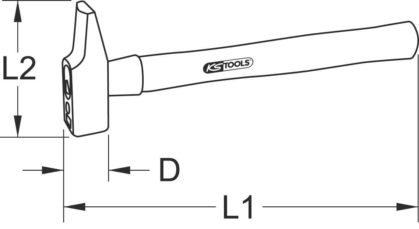 Illustration d'un marteau avec des annotations : 'L1' pour la longueur du manche, 'L2' pour la hauteur de la tête, 'D' indiquant la largeur.