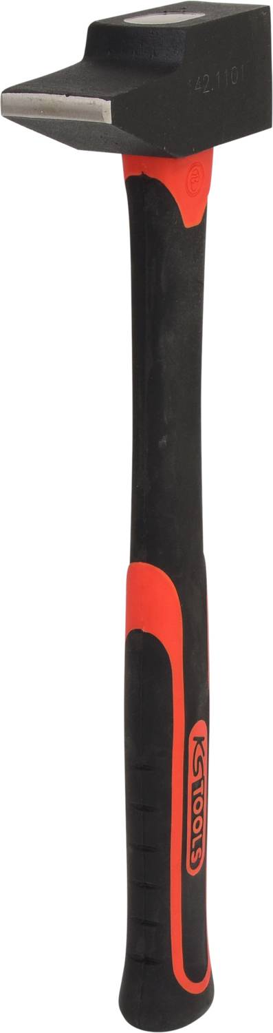 Marteau à tête noire et manche rouge, adapté aux travaux de construction.