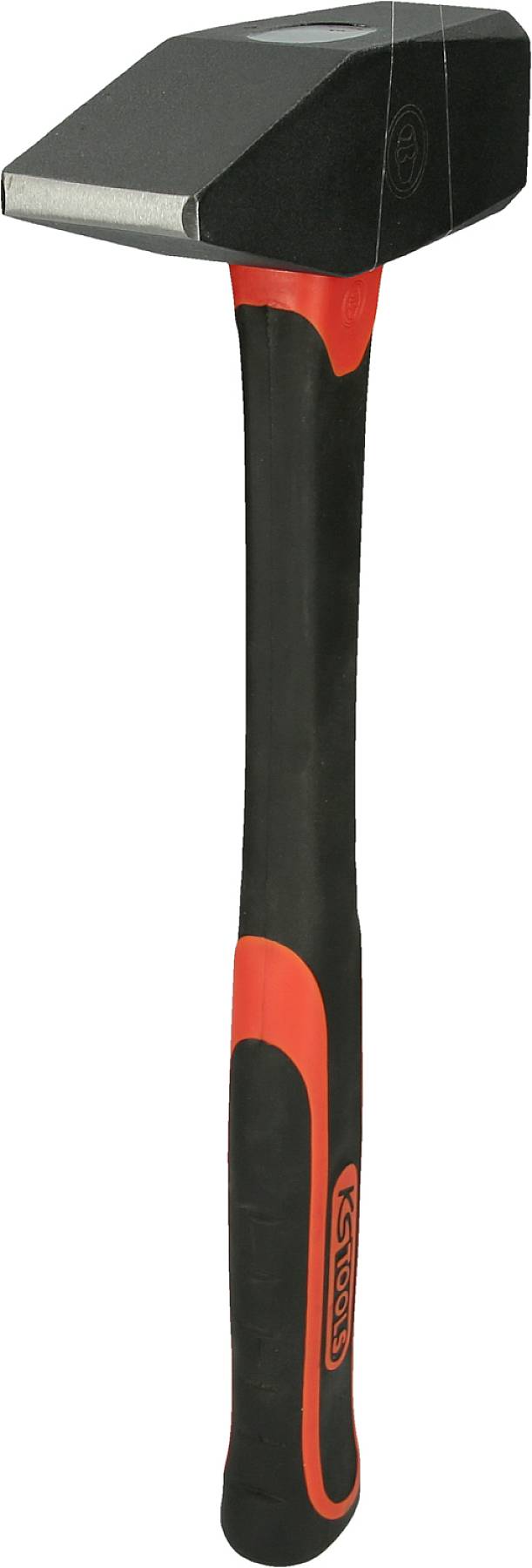 Un marteau à tête noire et manche rouge, adapté aux travaux lourds tels que l'enfoncement de clous ou le cassage de matériaux.