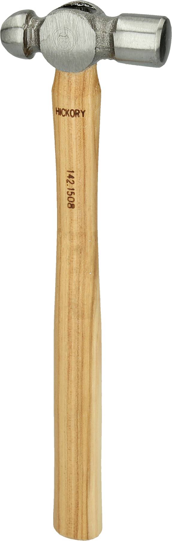 Un marteau à tête sphérique avec une tête en métal et un manche en bois sur lequel est inscrit 'Hickory'.