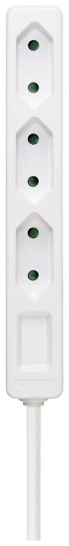 Multiprise blanche à quatre prises avec câble, adaptée pour connecter plusieurs appareils électriques.