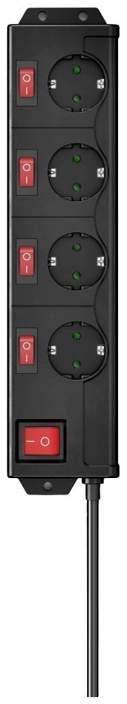 Bloc multiprises avec quatre prises Schuko, commutables individuellement par des interrupteurs à bascule rouges, adapté à l'alimentation électrique personnalisée.