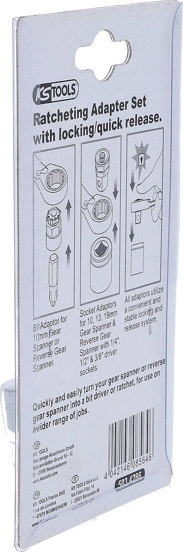 Emballage de "Jeu d'Adaptateurs à Cliquet". Présente des instructions d'utilisation avec des illustrations : insérer l'adaptateur, tourner le verrouillage. Nom de marque en haut, code-barres en bas.
