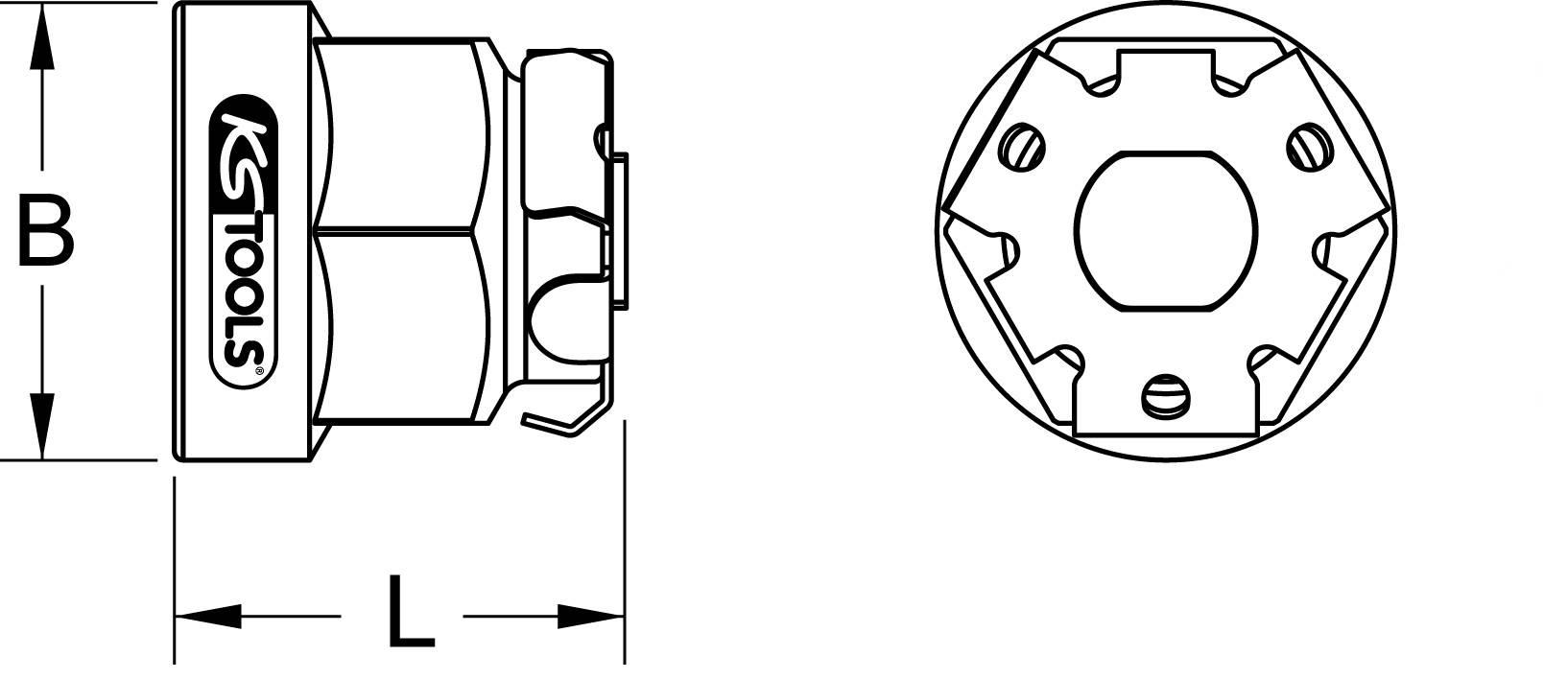 Un dessin technique d'une clé à douille KS Tools. À gauche, le profil latéral avec les dimensions B et L, à droite la vue de dessus.