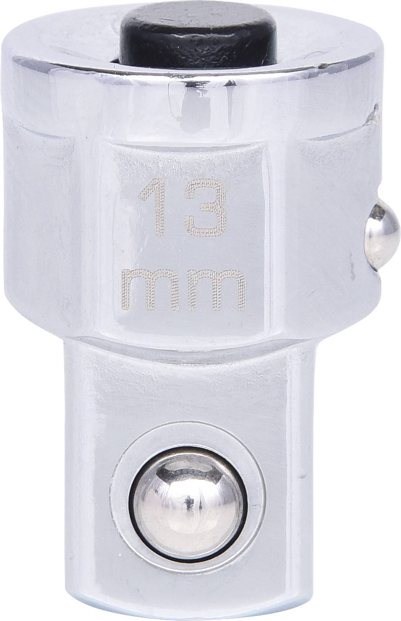 Adaptateur métallique avec inscription gravée '13 mm', deux rotules, surface brillante. Utilisation : connexion d'outils.