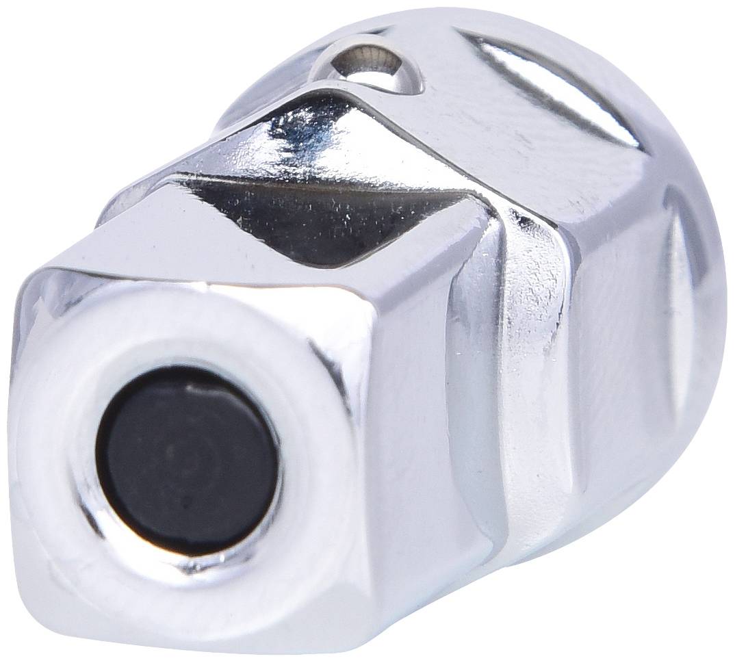 Une pièce métallique brillante en argent avec une surface terminale arrondie et noire. Elle a une forme hexagonale et reflète la lumière.