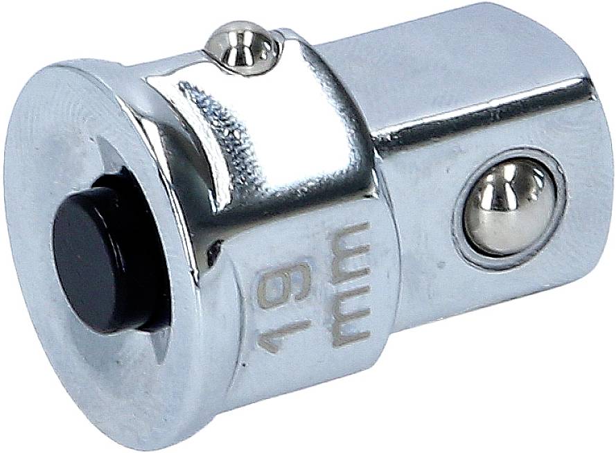 Adaptateur en métal gravé '19 mm', couleur argent, avec bouton-pression noir et roulement à billes sur un côté.