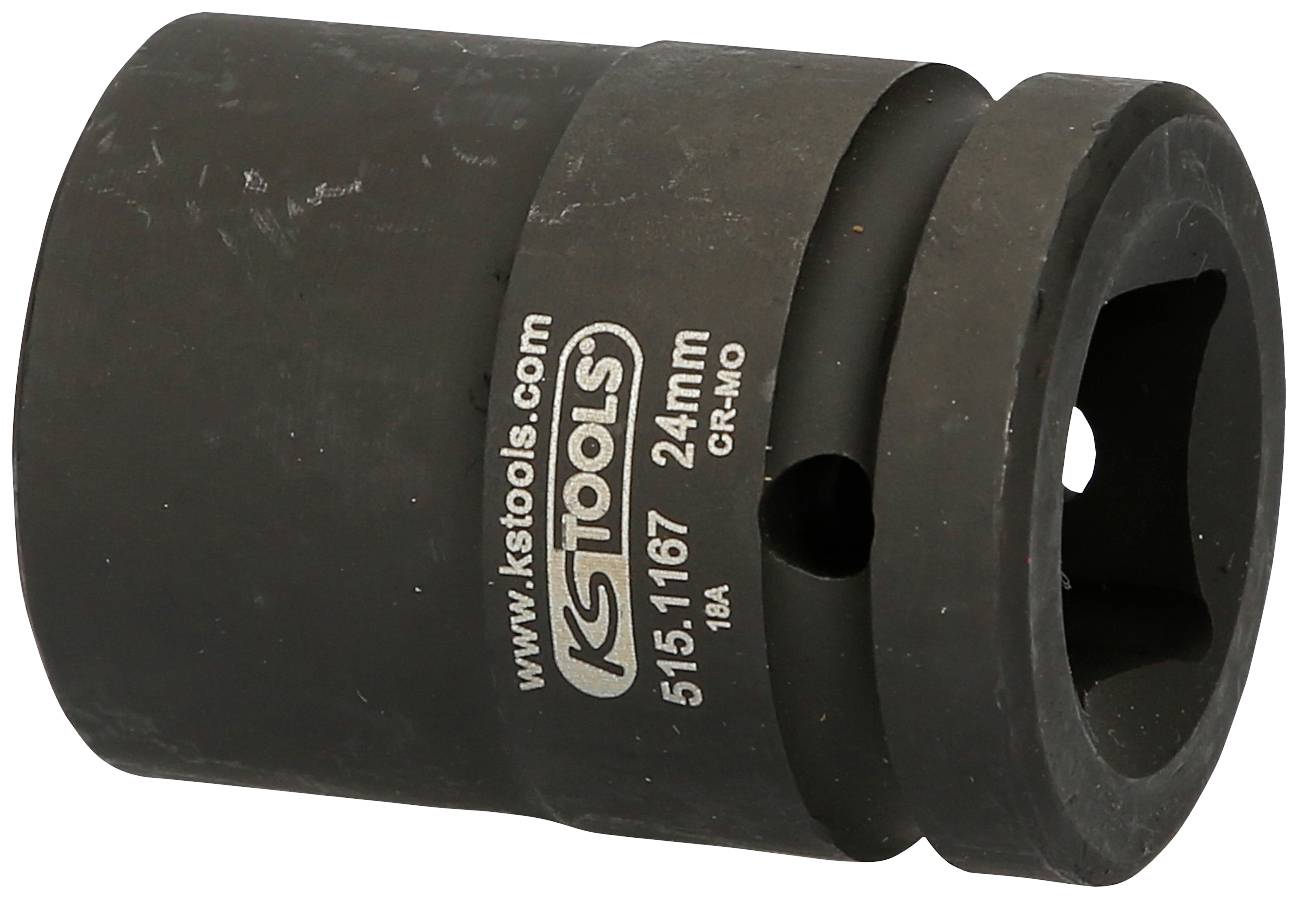 Une douille à chocs noire portant l'inscription 'KS TOOLS 24 mm'. Elle est métallique et possède une extrémité hexagonale permettant de la fixer à des outils.