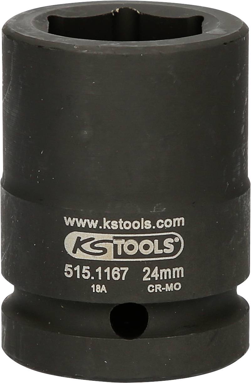 Douille KS Tools portant l'inscription 'www.kstools.com 515.1167 24mm 18A CR-MO' aux tons sombres, destinée à un usage industriel.