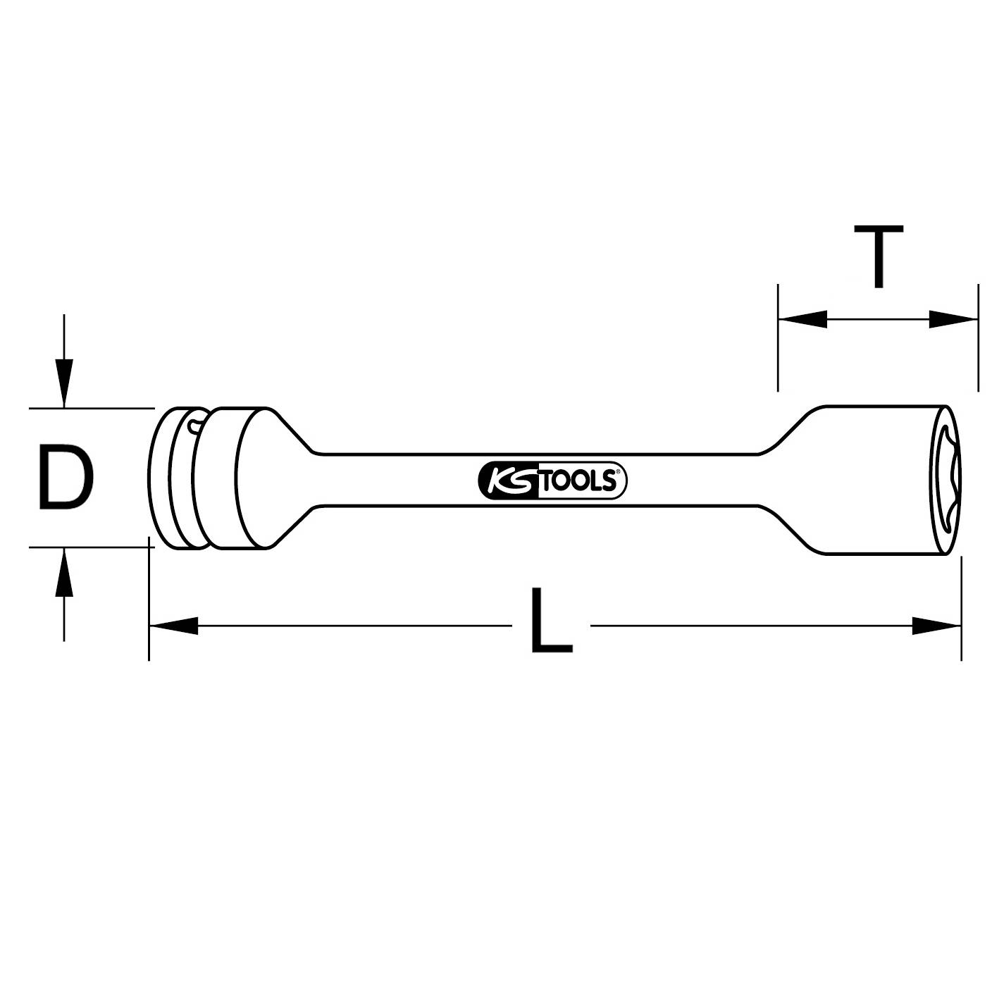 Clé à double embout de KS Tools avec dimensions indiquées : Longueur (L), Diamètre (D) et Largeur de clé (T). Représentation de l'outil.