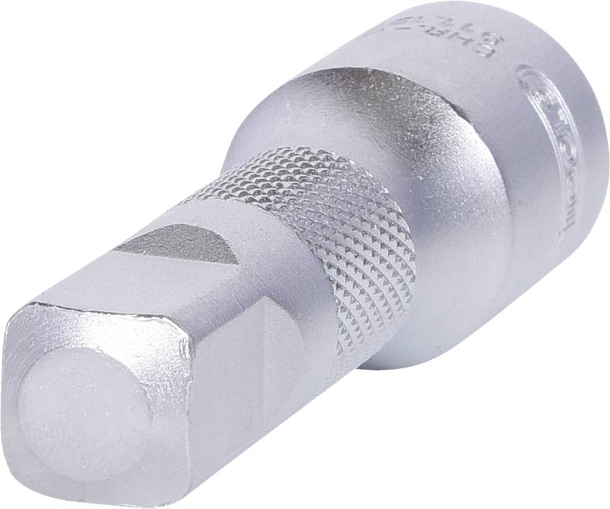 Un adaptateur métallique brillant avec une poignée antidérapante et un embout carré. Utilisé pour connecter des outils ou des accessoires.