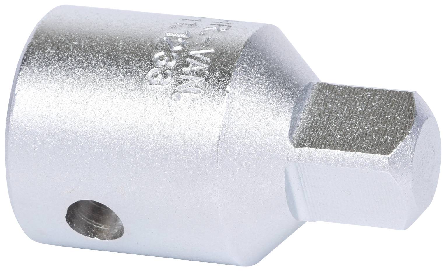 Adaptateur métallique à extrémité cylindrique et hexagonale, utilisé pour raccorder différents outils ou appareils.