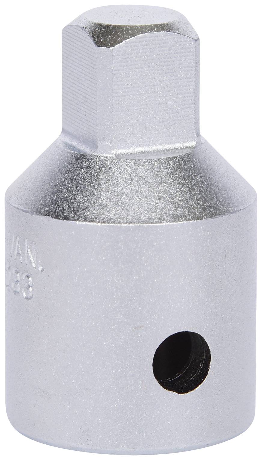 Un adaptateur de clé à douille en argent avec une tête hexagonale et un trou rond sur le côté pour la connexion avec des clés à douille.