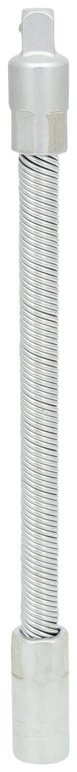 Un connecteur de tube métallique flexible, adapté à divers usages d'installation, présente un ressort spiral entre deux extrémités fixes.